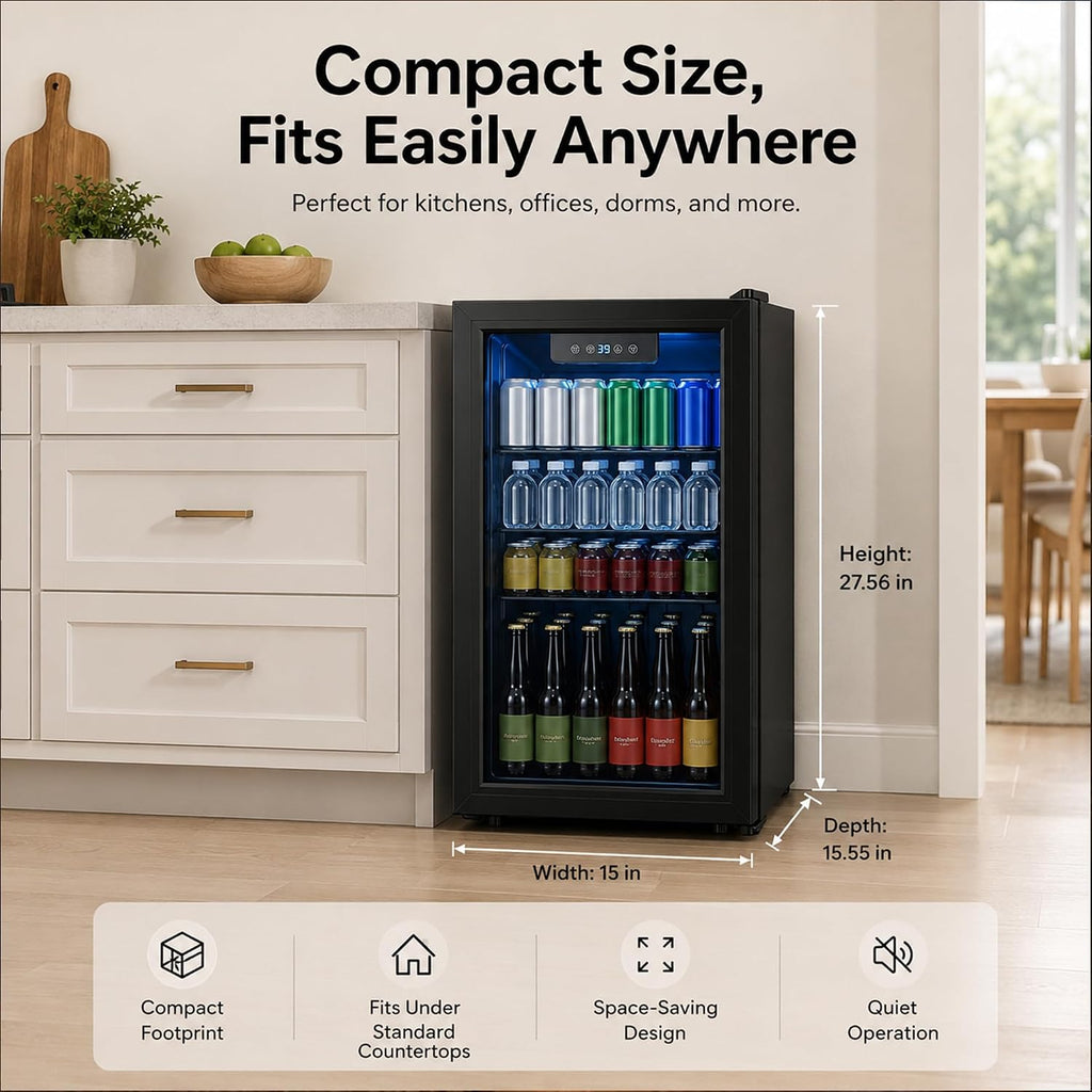 3.3 Cu Ft Beverage Refrigerator, 126 Can Mini Fridge with Glass Door, Digital Temperature Control, Quiet Beverage Cooler Fridge for Beer Soda Wine, Air Cooling for Home Office Bar