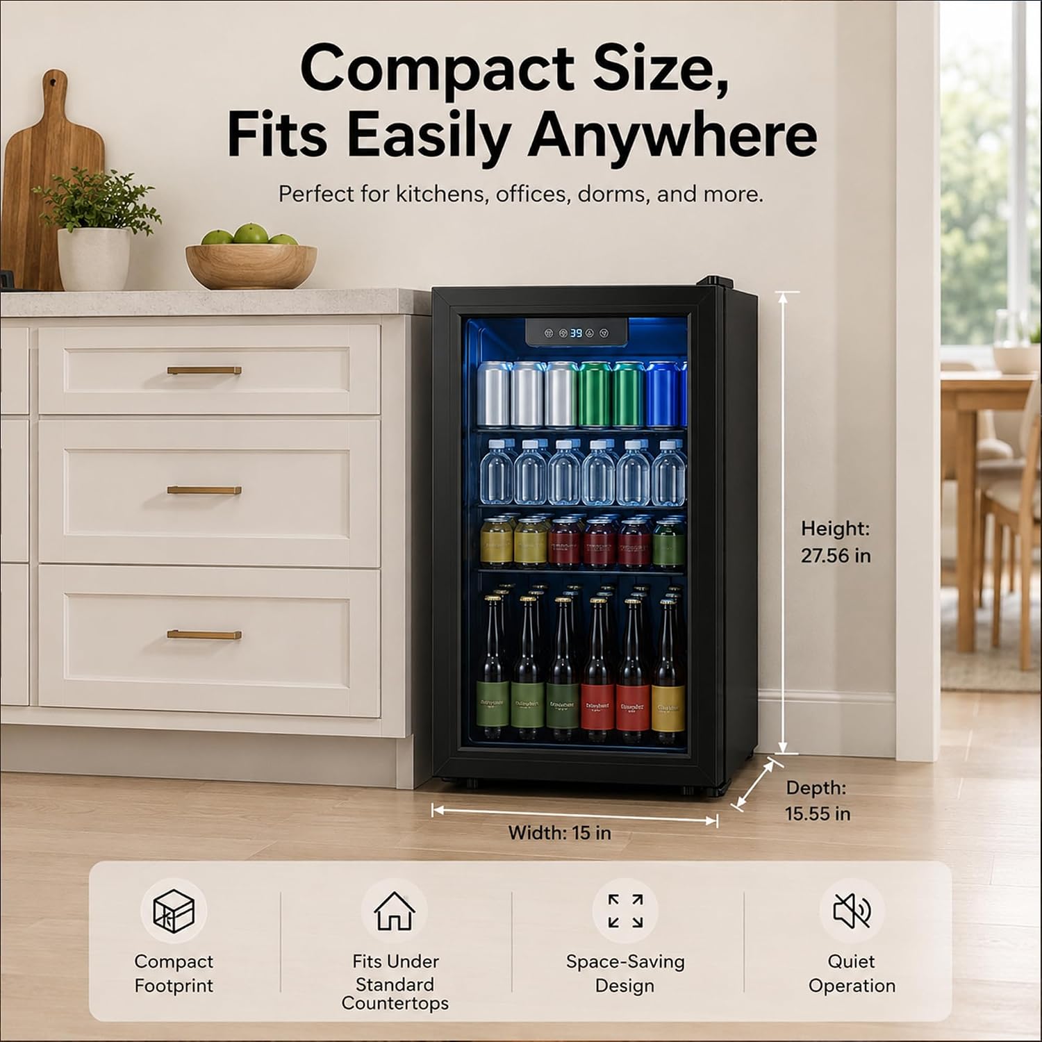 3.3 Cu Ft Beverage Refrigerator, 126 Can Mini Fridge with Glass Door, Digital Temperature Control, Quiet Beverage Cooler Fridge for Beer Soda Wine, Air Cooling for Home Office Bar