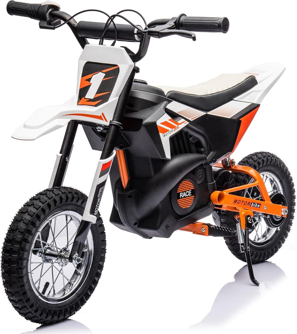 24V Kids Electric Dirt Bike, 250W Strong Motor 14MPH Fast Speed Electric Off-Road Motorcycle, Leather Seat Battery Powered Off-Road Bike, White