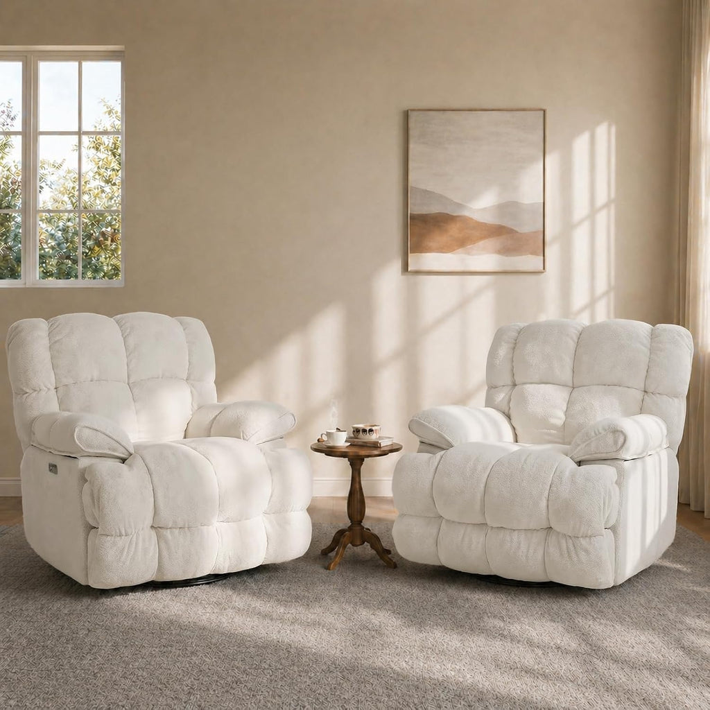 GINGO Power Oversized Recliner Chair Set of 2, Extra Wide Swivel Rocking Recliner Chair, Breathable Soft Fabric Modern Single Sofa for Living Room, Electric Adjustable Angle, USB & Type-C Port, White