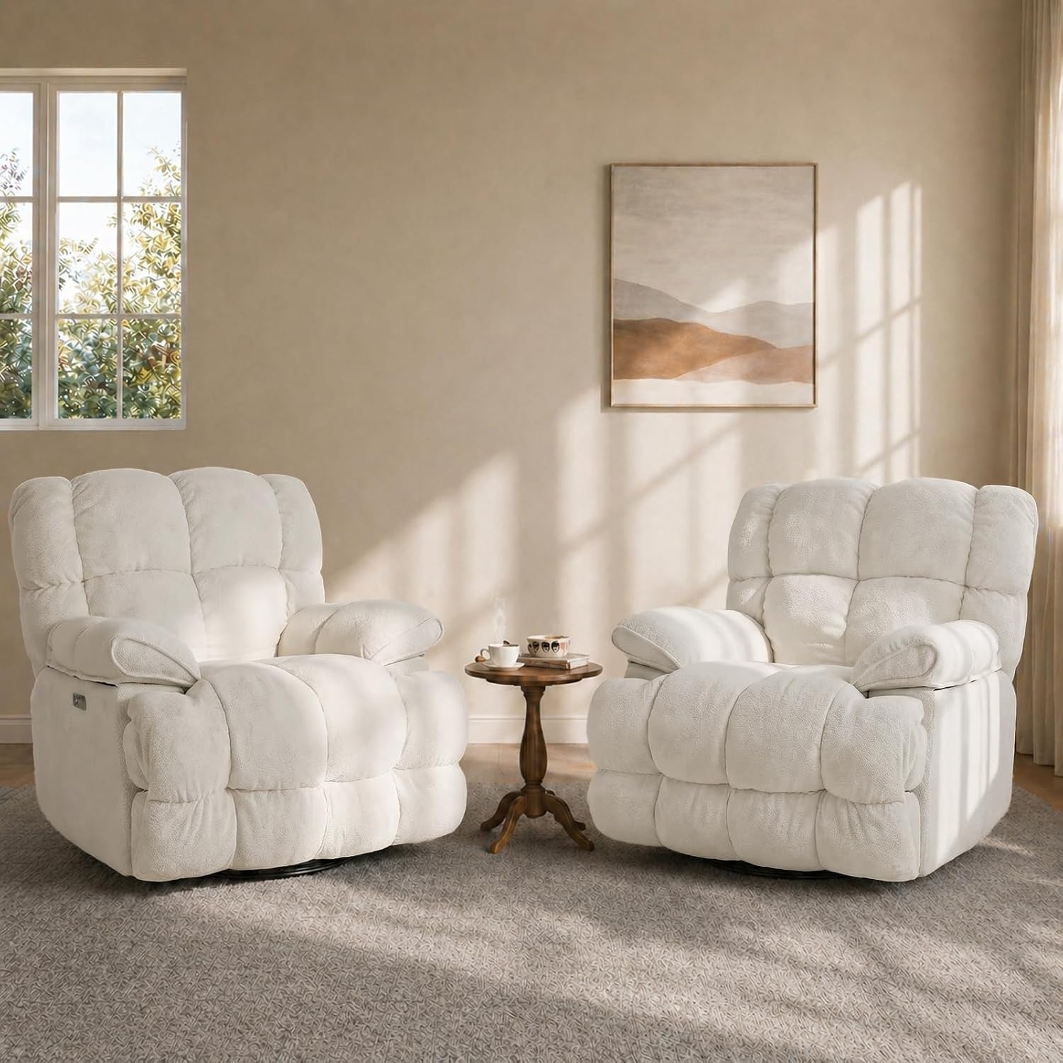 GINGO Power Oversized Recliner Chair Set of 2, Extra Wide Swivel Rocking Recliner Chair, Breathable Soft Fabric Modern Single Sofa for Living Room, Electric Adjustable Angle, USB & Type-C Port, White