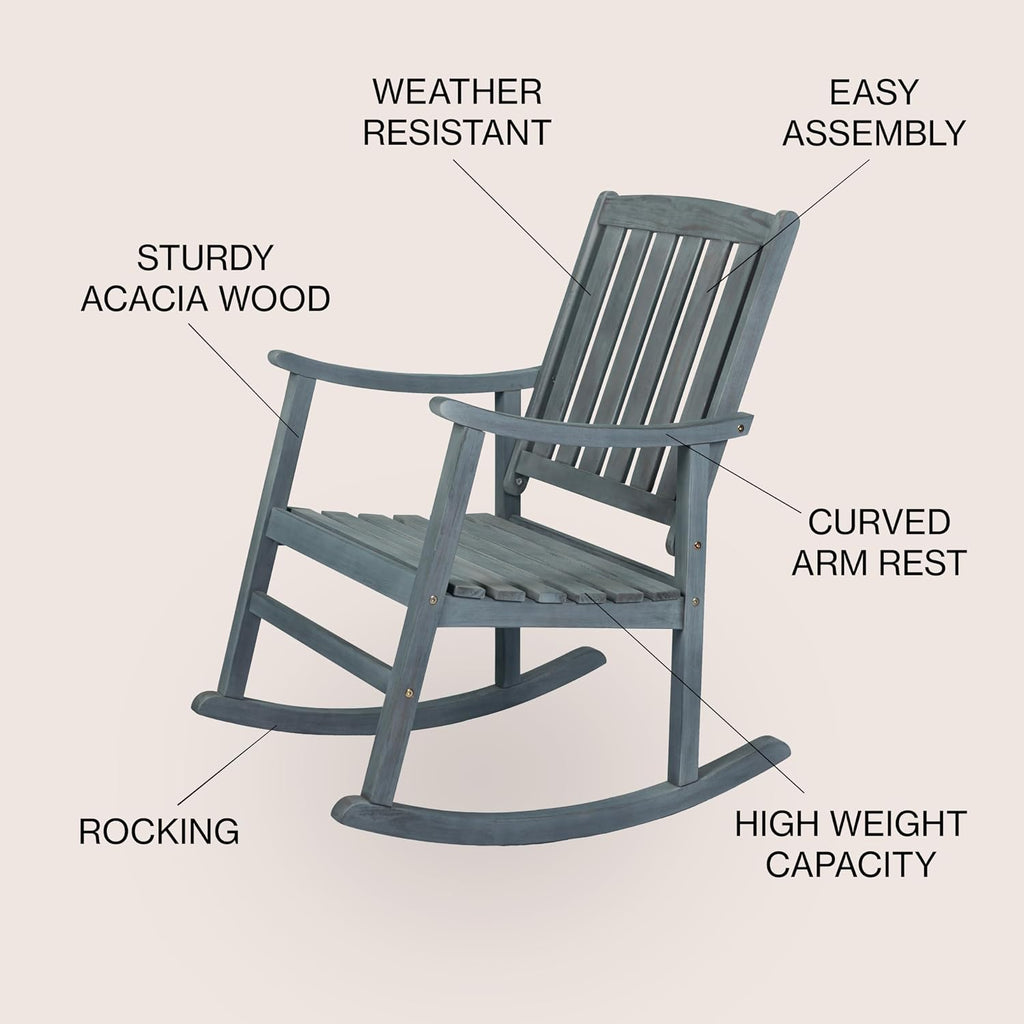 JONATHAN Y RCK102B Penny Classic Slat-Back 300-Lbs Support Acacia Wood Patio Outdoor Rocking Chair for Garden, Lawn, Backyard, Pool, Deck, Beach, Firepit, Gray