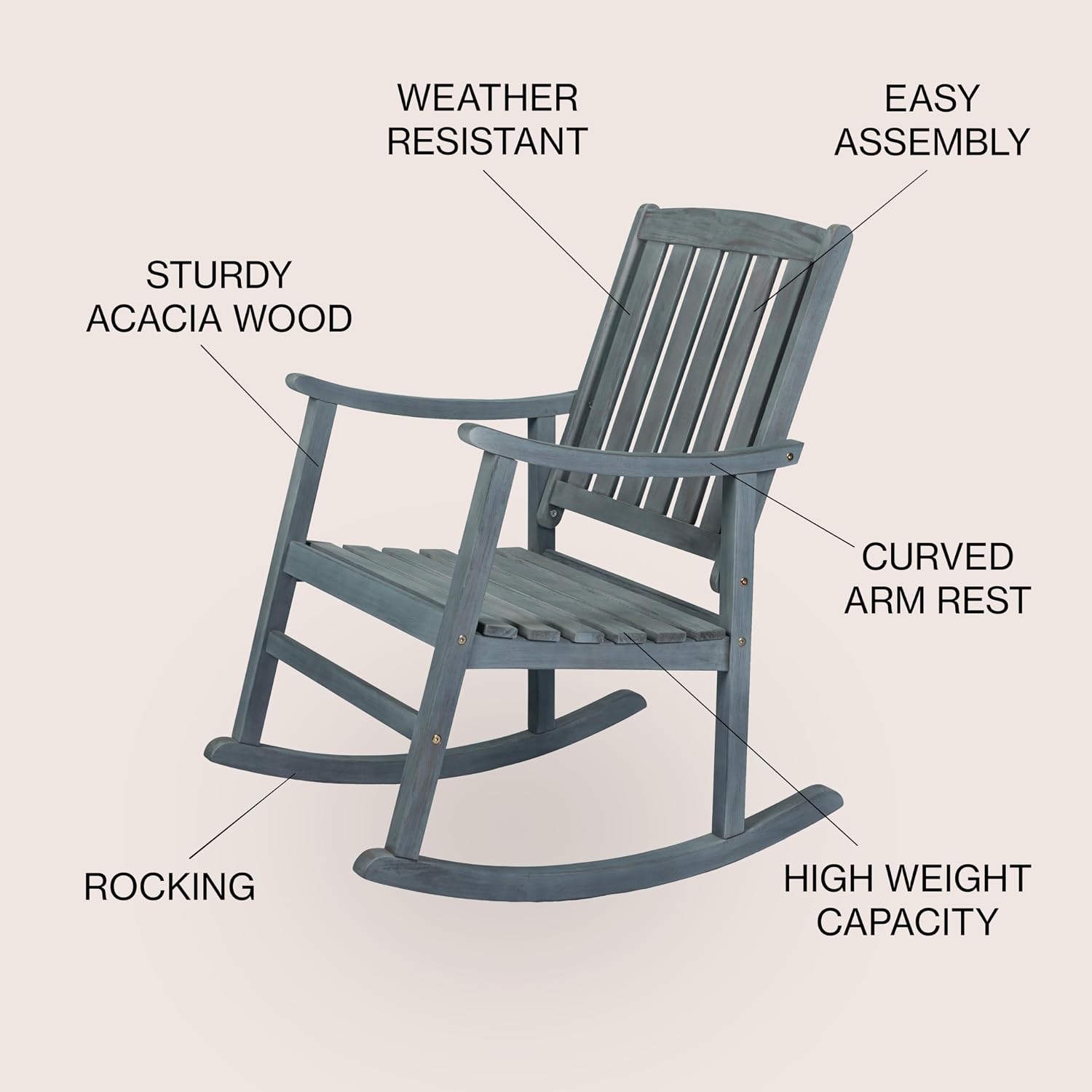 JONATHAN Y RCK102B Penny Classic Slat-Back 300-Lbs Support Acacia Wood Patio Outdoor Rocking Chair for Garden, Lawn, Backyard, Pool, Deck, Beach, Firepit, Gray