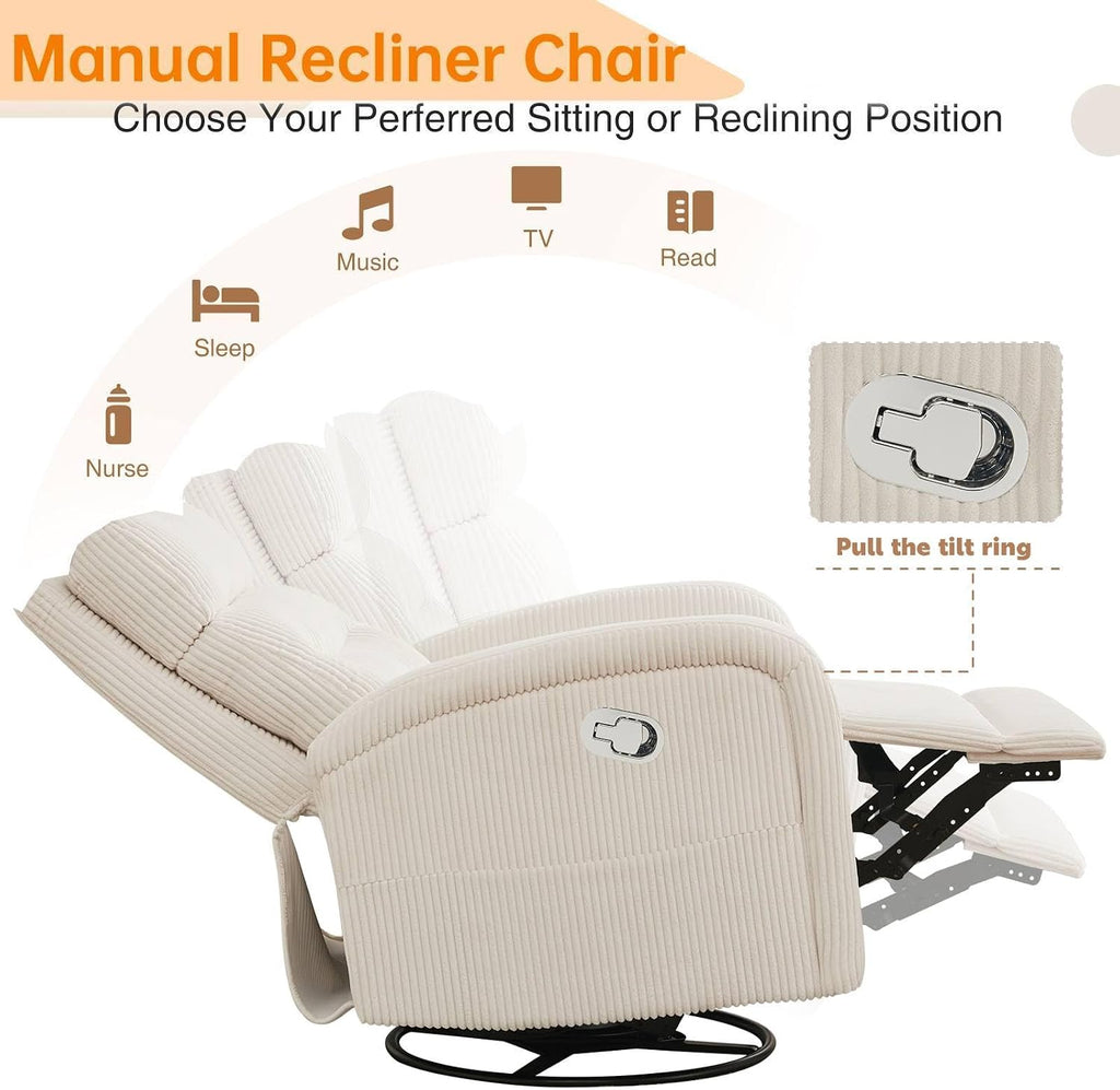 Swivel Rocker Recliner Glider Rocking Chair for Nursery, Corduroy Recliner with Chunky Cushion, Manual Swivel Recliner Chair for Living Room, Bedroom, Nursery(White)