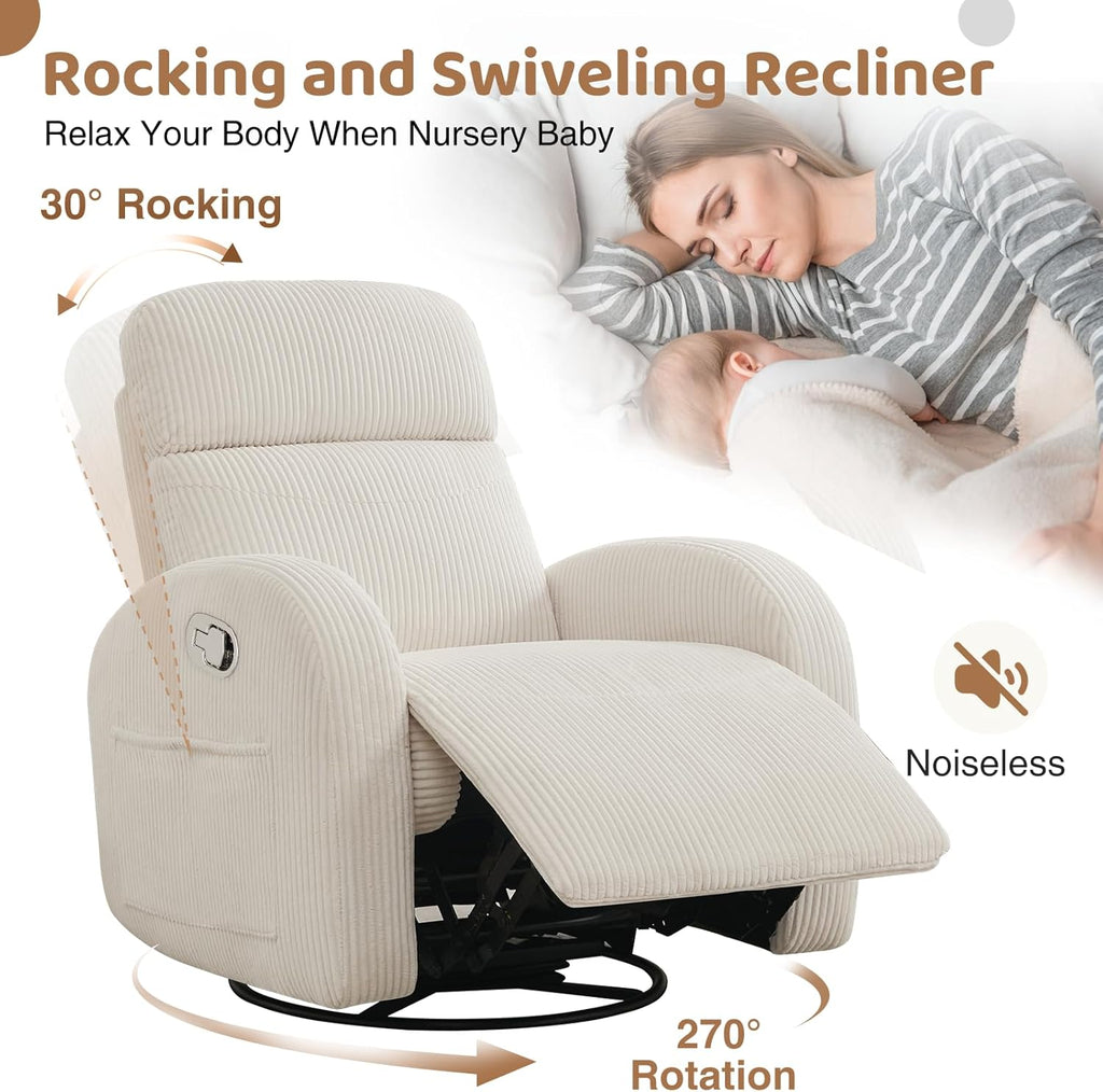 Swivel Recliner Rocker Nursery, Nursering Glider Recliner, Manual Swivel Rocking Reclining with Double Pockets for Living Room, Corduroy Cream White