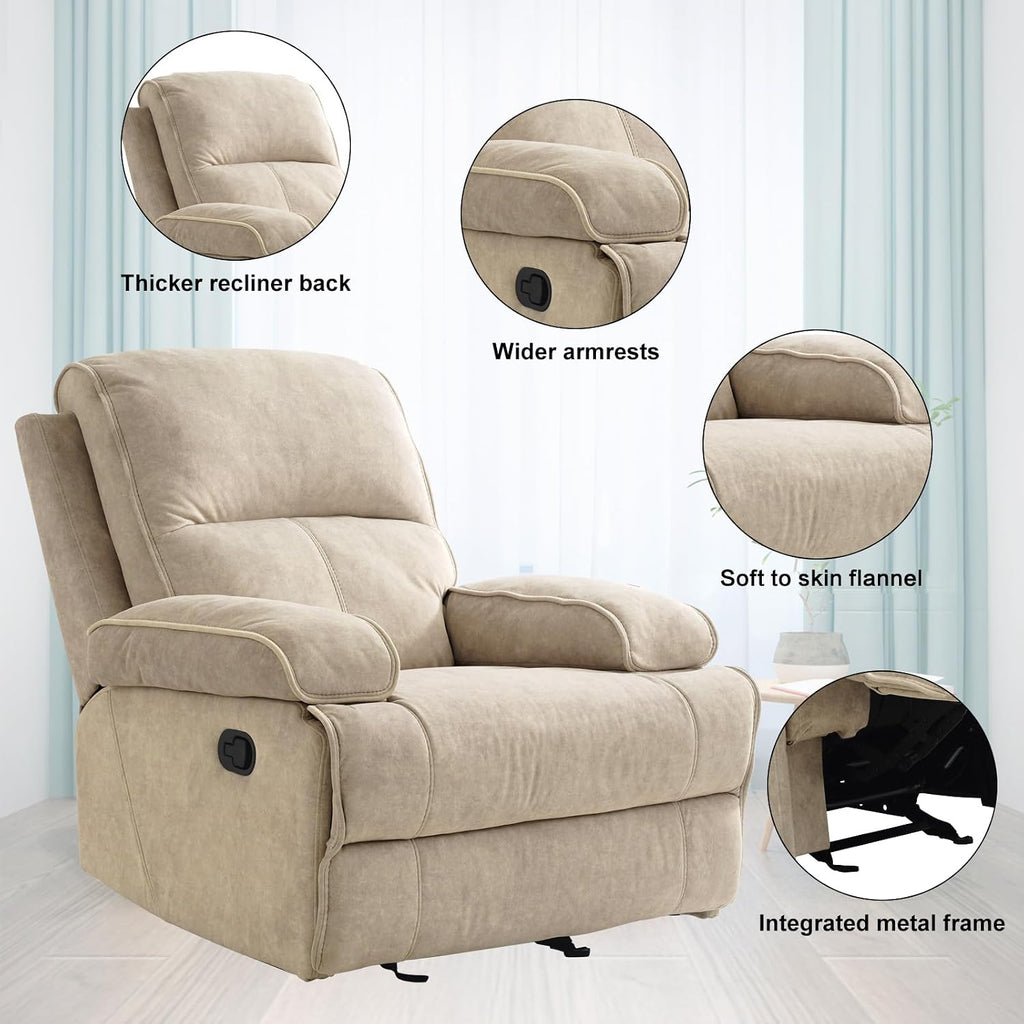 Manual Rocker Recliner Chair for Adults, High Back Glider with Deep Seat, Upholstered Fabric Armchair for Living Room & Nursery, Flaxen