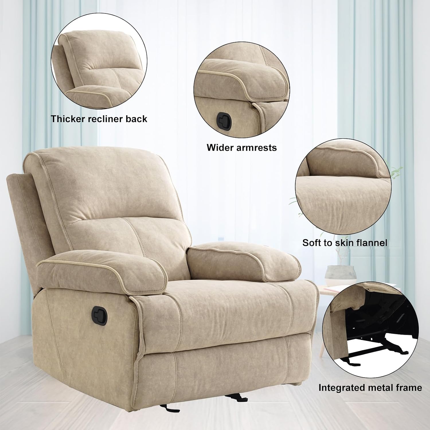 Manual Rocker Recliner Chair for Adults, High Back Glider with Deep Seat, Upholstered Fabric Armchair for Living Room & Nursery, Flaxen