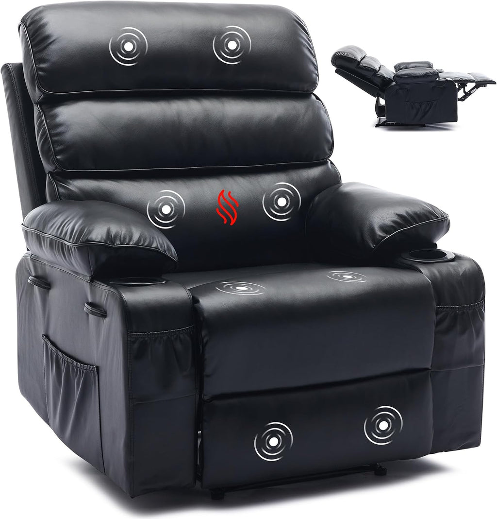 PU Leather Extra Wide Manual Recliner for Adults with Massage and Heat, Large Lazy Chair with 1.5X Sponge Comfort Arm and Back for Living Room, Bedroom