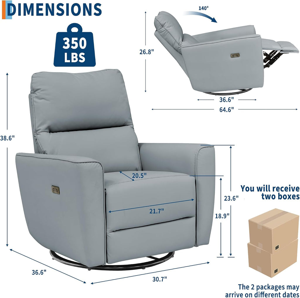 IDEALHOUSE Swivel Rocking Nursery Recliner Chair Rocker Recliner Glider Deep Seat PU Leather Sofa Chair with high Backrest for Nursery, Living Room, Bedroom & Home Movie Theater (Silver)