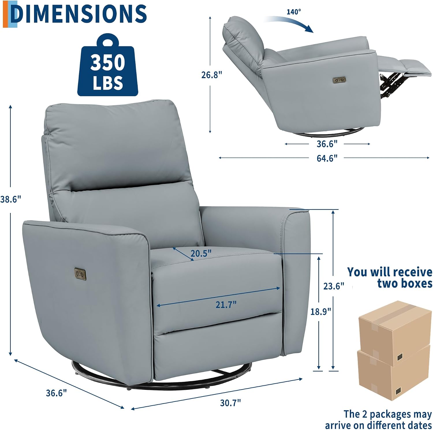 IDEALHOUSE Swivel Rocking Nursery Recliner Chair Rocker Recliner Glider Deep Seat PU Leather Sofa Chair with high Backrest for Nursery, Living Room, Bedroom & Home Movie Theater (Silver)
