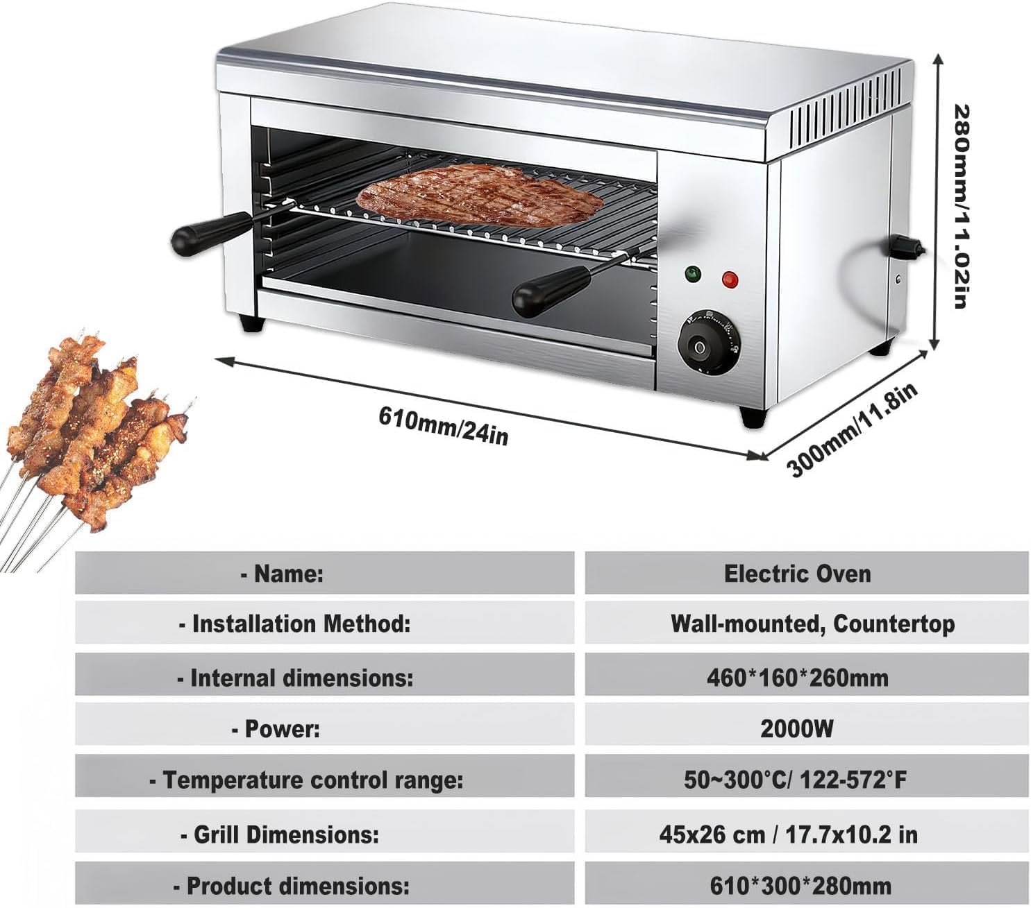 Electric Melter Grill,Commercial Salamander Broiler, 50–300°C Indoor Commercial Beef Chicken Grill, Stainless Steel Steak Cooker, for Home Use