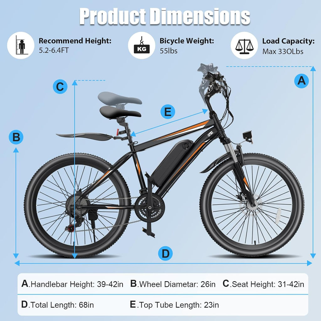 GOCIO 500W Electric Bike 26' Mountain Bicycle Adults Cruise Control Pedal Assist 48V 375Wh Battery 21-Speed E-Bike UL2849