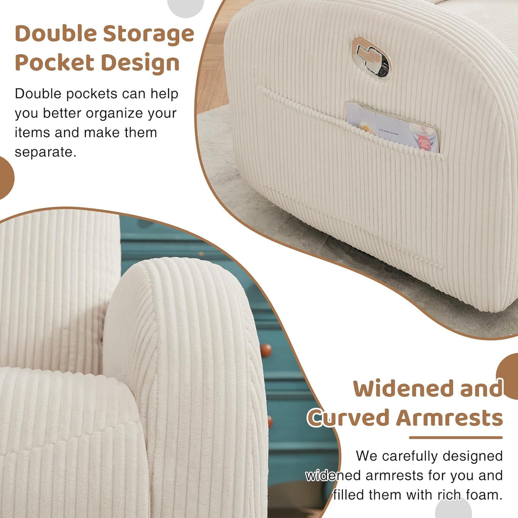 Swivel Recliner Rocker Nursery, Nursering Glider Recliner, Manual Swivel Rocking Reclining with Double Pockets for Living Room, Corduroy Cream White