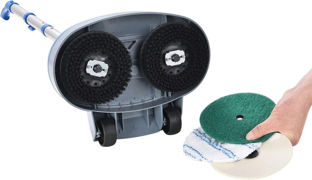 Global Industrial Mini Floor Scrubber With Floor Pads, 11' Cleaning Path, Dual Nylon Scrub Brushes, Cleans & Polishes Tile, Wood, Marble and other Hard Floors