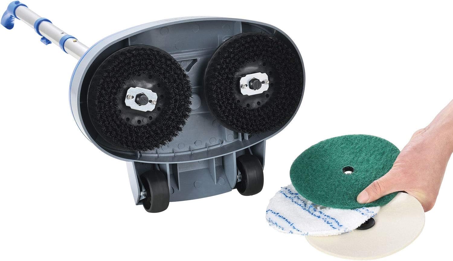 Global Industrial Mini Floor Scrubber With Floor Pads, 11' Cleaning Path, Dual Nylon Scrub Brushes, Cleans & Polishes Tile, Wood, Marble and other Hard Floors