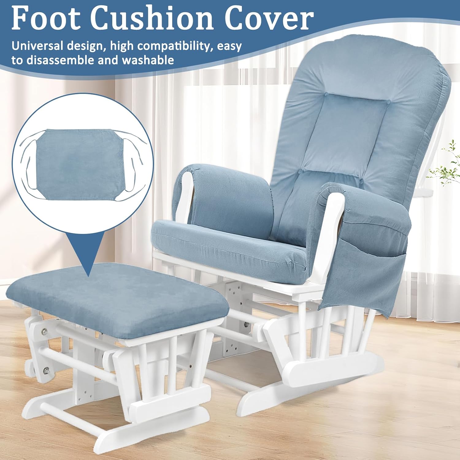 BECHAEO 5PCS Velvet Glider Rocker Replacement Cushions with Ottoman Cover Soft Thicken Rocking Chair Cushion Set for Indoor Nursery Glider Rocking Chair, Baby Blue