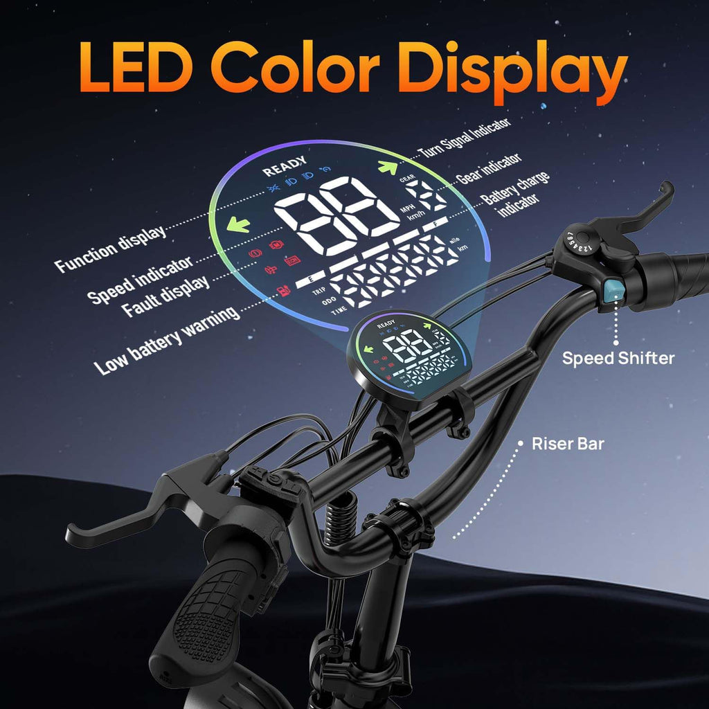 URLIFE Folding Electric Bike for Adults, 48V Motor, 60-80 Miles per Charge, 20'x4' Fat Tires with Quad-Link Full Suspension, 7-Speed & LED Display