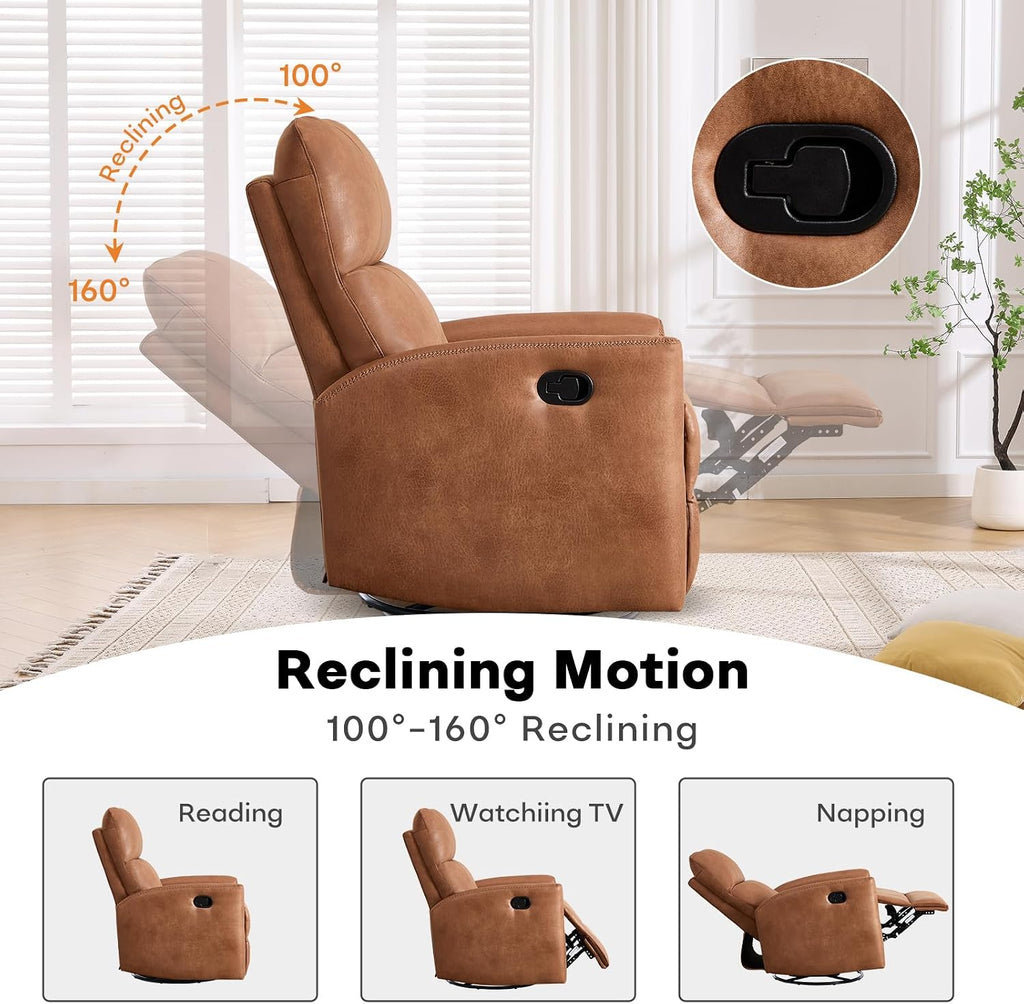 HAOMARKETS Swivel Rocker Recliner Chair, Manual Faux Leather Glider Rocking Recliners for Adults, 360° Swivel Nursery Reclining Sofa with Padded Backrest for Living Room, Dark Brown