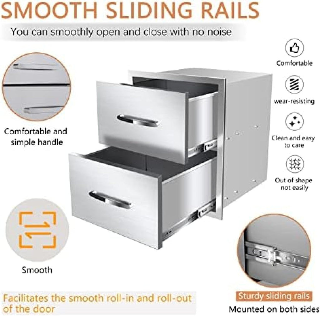 Stainless Steel Double Drawers for Outdoor Kitchen Grilling Station - Horizontal, 14Wx23Dx15H