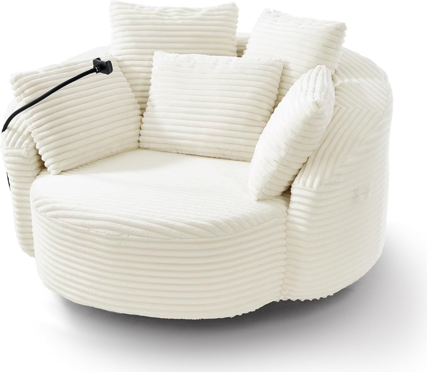 JIVOIT 360° Swivel Accent Chair with 5 Throw Pillows, Adjustable Phone Holder, Corduroy Fabric Round Sofa Chair Barrel Chair with Semi-Wraparound Design for Living Room, Office and Hotel (Beige,1)