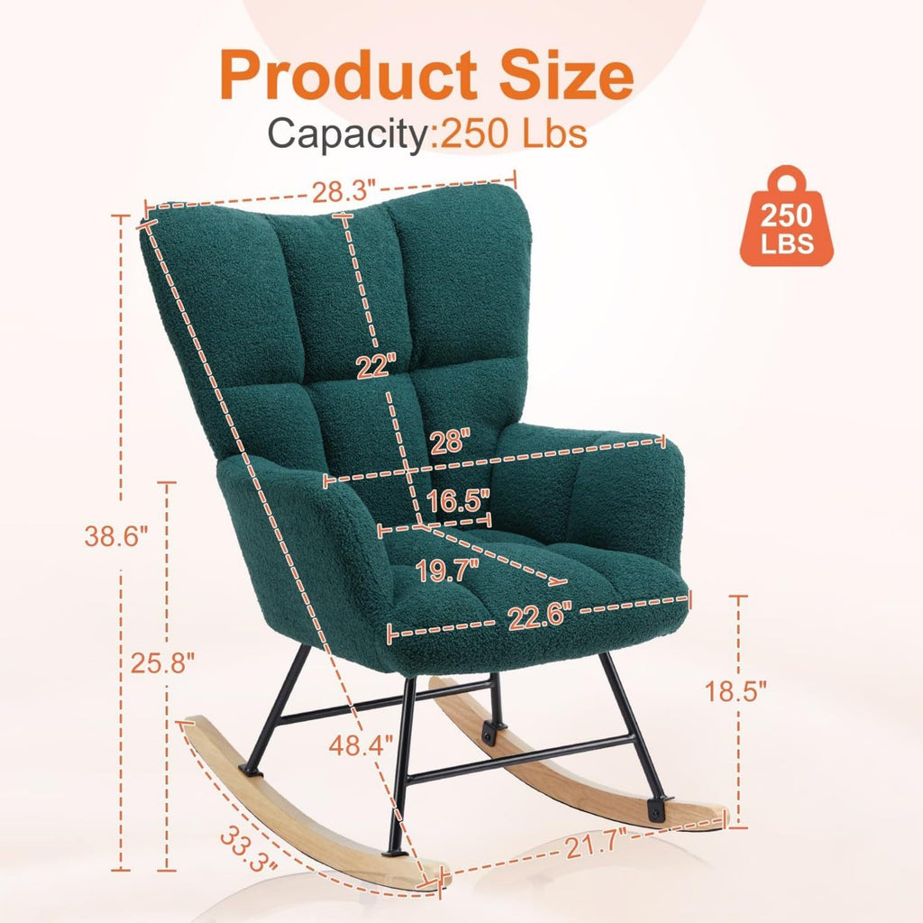 Rocking Chair, Upholstered Glider Rocker Accent Chair, Nnursery Rocking Chairs with High Backrest for Small Spaces, Indoor, Living Room, Bedroom, Green