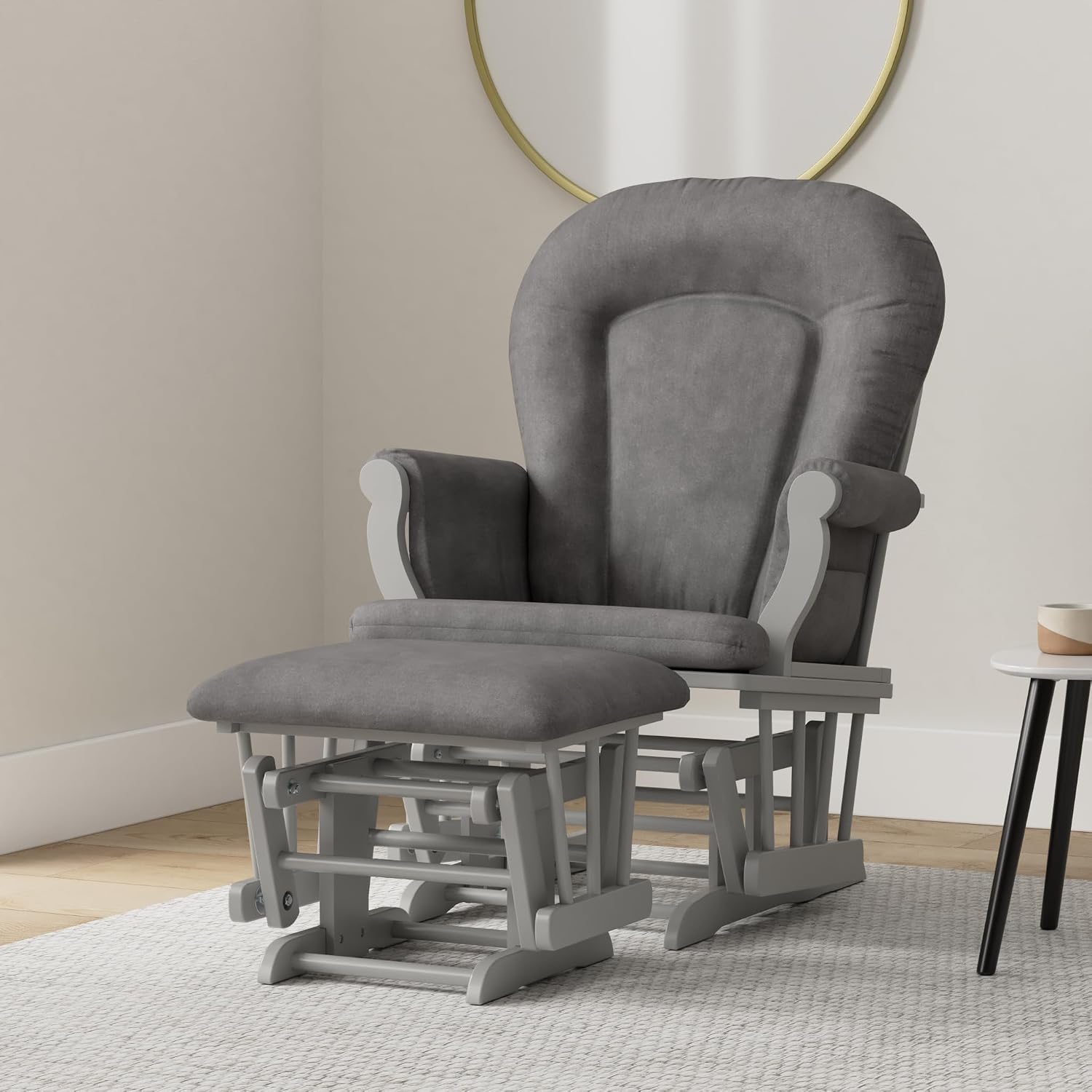 Child Craft Cozy Glider Rocker and Ottoman Set, Smooth Quiet Gliding Motion, Padded Cushion with Convenient Storage Pockets, Solid Wood Base & Frame (Cool Gray with Dark Gray Cushion)