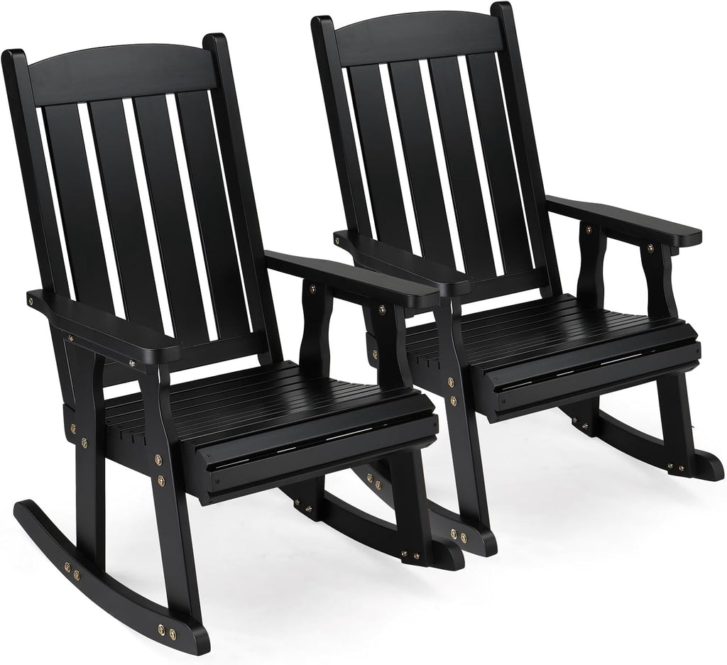VINGLI Outdoor Rocking Chair Set of 2, Heavy Duty 600 LBS Wooden Rocking Chair with Comfortable Backrest, Weatherproof Rocker with Ergonomic Design, Suit for Patio, Garden, Yard, Black