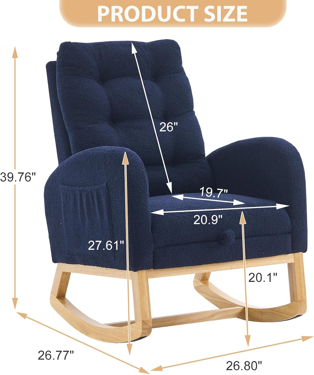 cinkehome Nursery Rocking Chair with Retractable Foot Rest, Teddy Glider Rocking Chair, Mid Century Rocker Chair, High Back, Solid Wood Legs