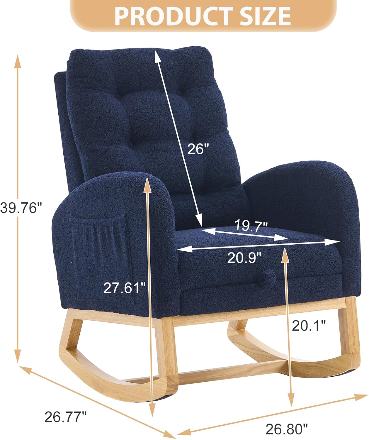 cinkehome Nursery Rocking Chair with Retractable Foot Rest, Teddy Glider Rocking Chair, Mid Century Rocker Chair, High Back, Solid Wood Legs