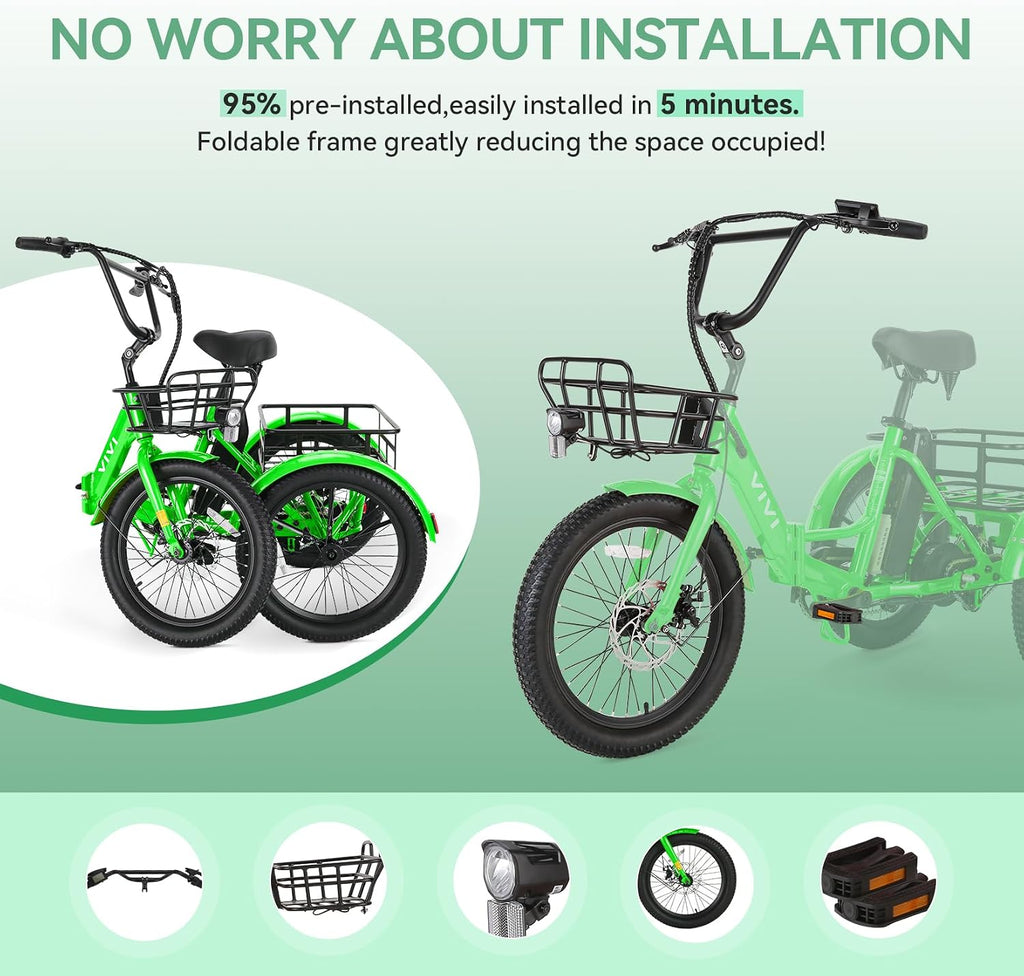 Vivi 750W Peak 20'' Folding 3 Wheels Electric Bicycle Bikes, 48V 10.4Ah Removable Battery Electric Tricycle for Adults, Speed Differential, 15.5MPH Eletric Trike with Bracket