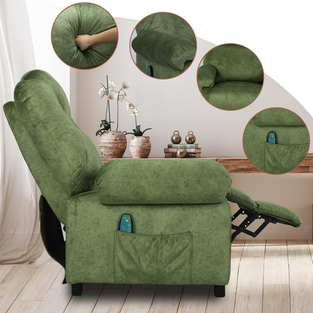 Overstuffed Push Back Recliner Chair for Living Room, Mid Century Fabric Heated Massaging Reclining Chair Small Recliner Chair with Heat and Massage, Green