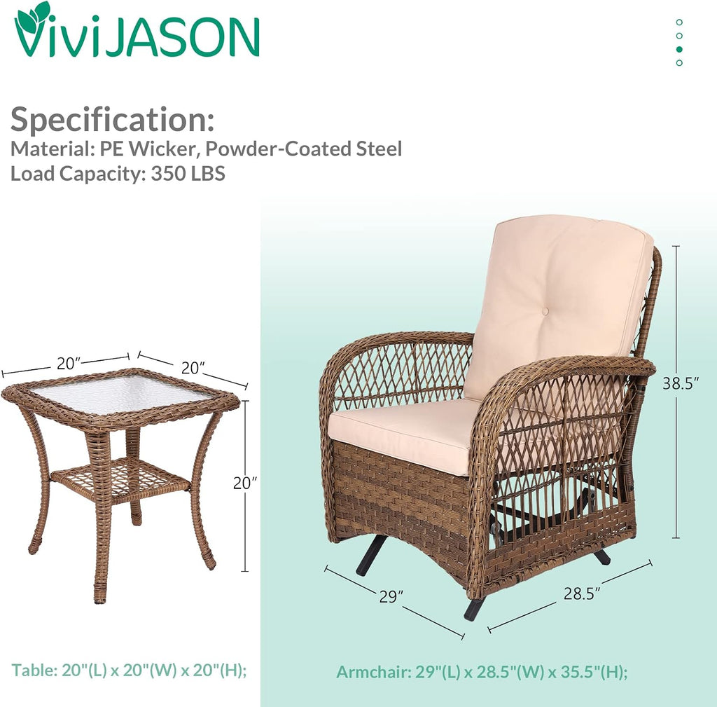 VIVIJASON 3-Piece Patio Wicker Conversation Bistro Set, Outdoor Rattan Glider Rocking Chairs, Wicker Rattan Furniture Set w/ 2 Rocking Chairs and Glass Top Side Table for Porch Backyard, Light Brown