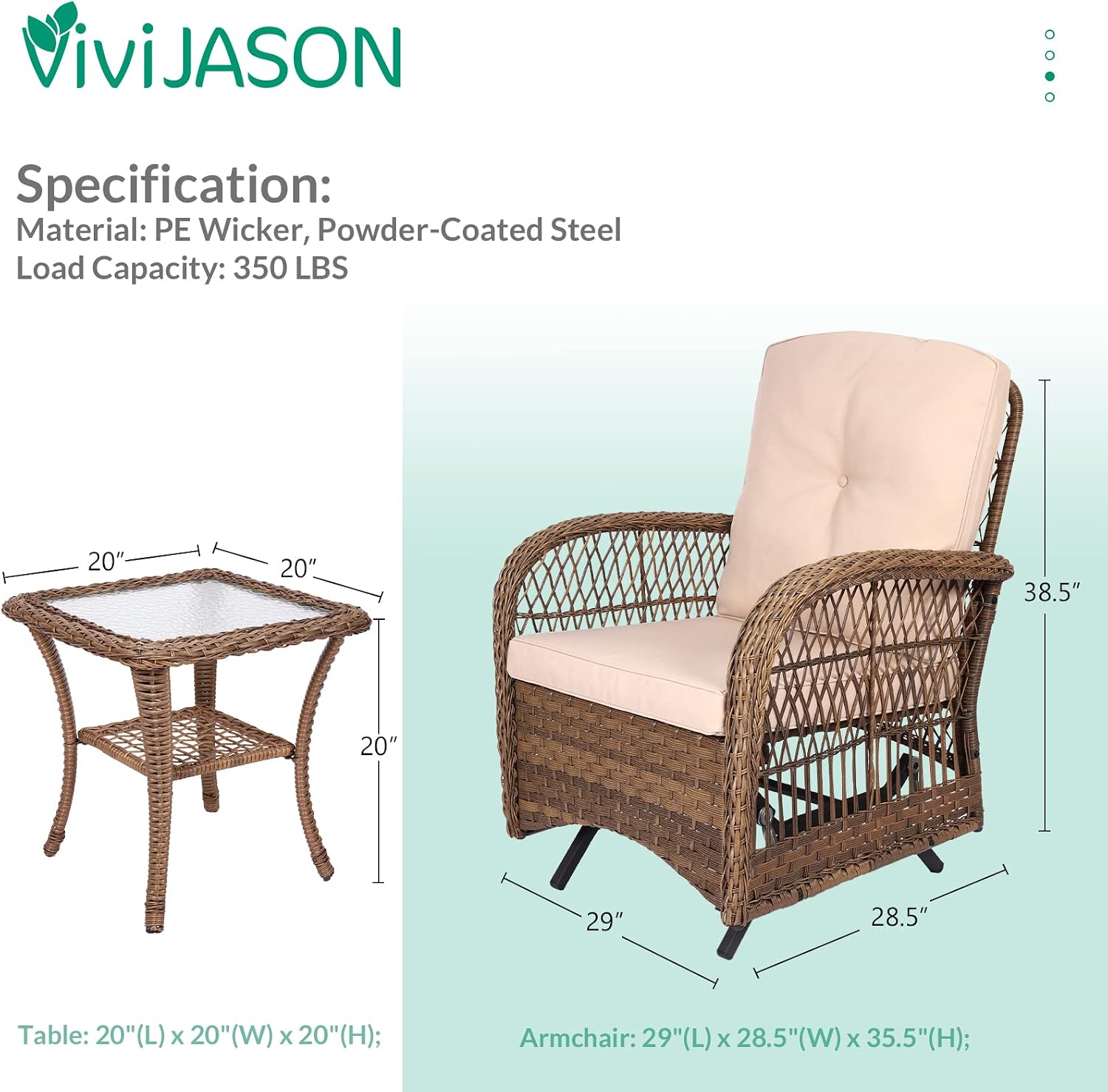 VIVIJASON 3-Piece Patio Wicker Conversation Bistro Set, Outdoor Rattan Glider Rocking Chairs, Wicker Rattan Furniture Set w/ 2 Rocking Chairs and Glass Top Side Table for Porch Backyard, Light Brown