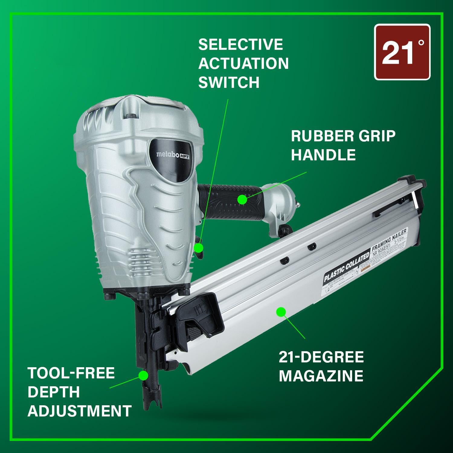 Metabo HPT Framing Nailer, Pro-Preferred Power Nailer for Flooring, Roof Decking, and More, Lightweight 7.5 lbs Framing Tool for 21° 2' to 3-1/2' Plastic Collated Nails, NR90AES1