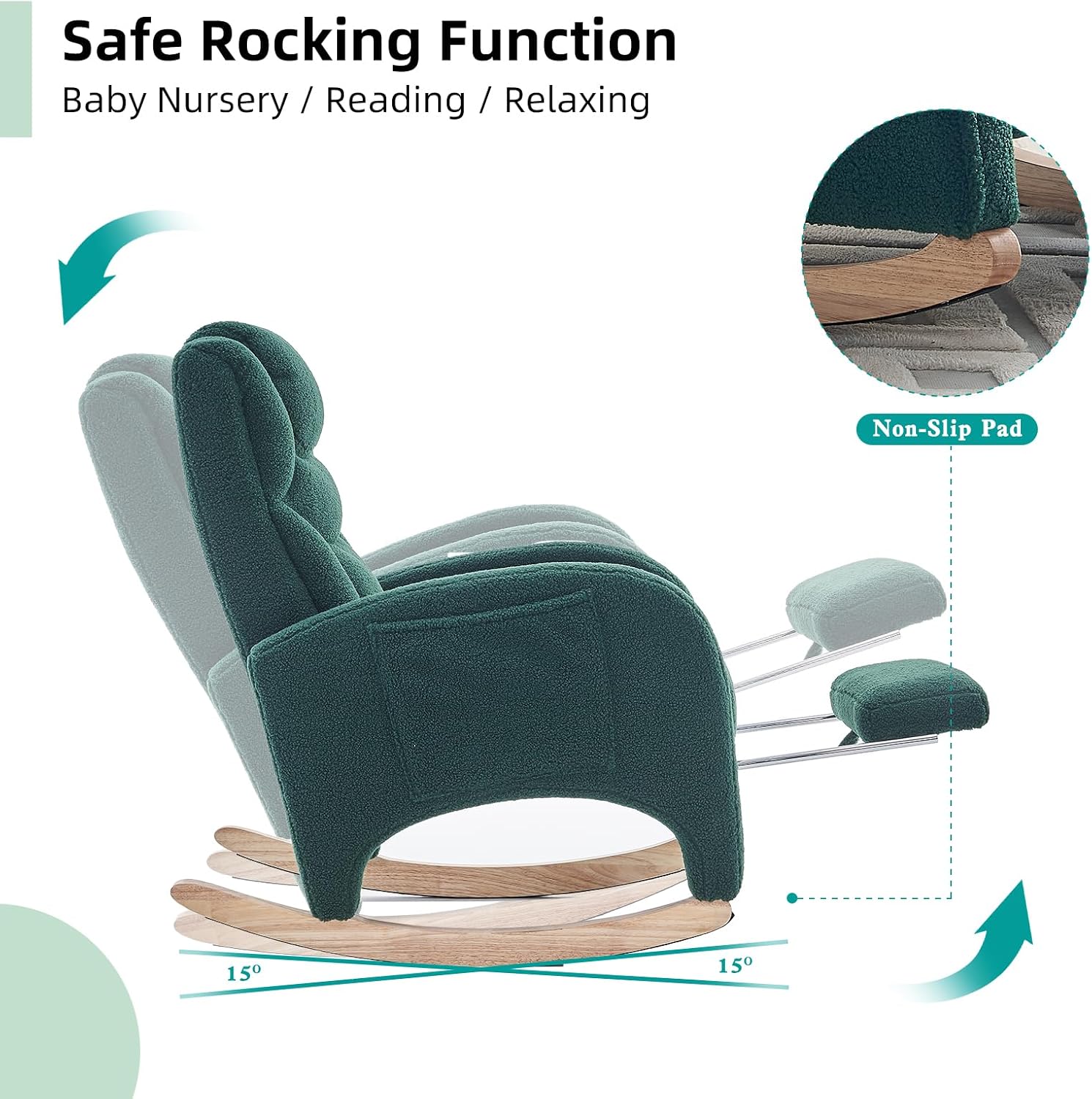 Rocking Chair Nursery with Foot Rest,Upholstered Teddy Glider Rocker with Wood Legs, Nursing Rocking Chair for Living Room/Nursery,Green