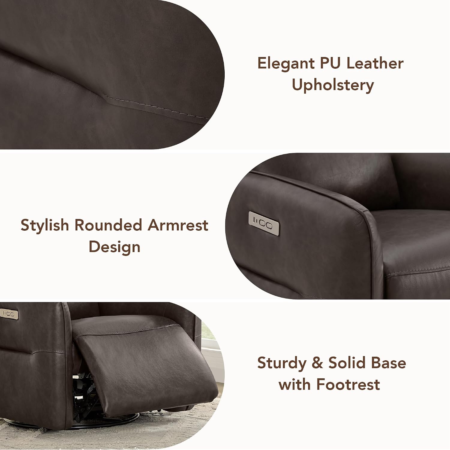 CHITA Power Recliner Chair, Faux Leather Swivel Glider for Adults, Electric Nursery Rocking Chair with USB & Type-C Charging for Living Room, Bedroom, Chocolate Brown