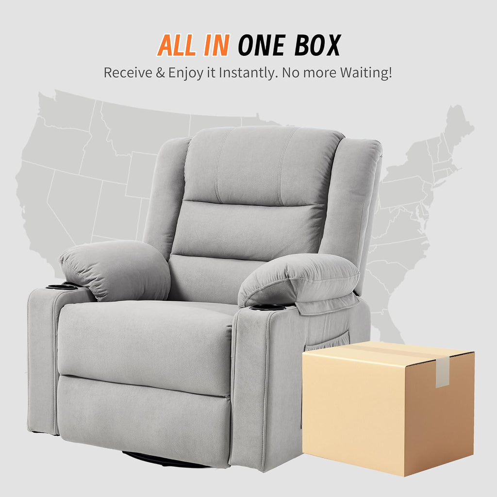 360°Swivel Rocker Recliner Chair for Adults,Manual Glider Recliner Sofa with Massage and Heating, Nursery Rocking Chairs with Cup Holds for Living Room Bedroom (Light Gray)