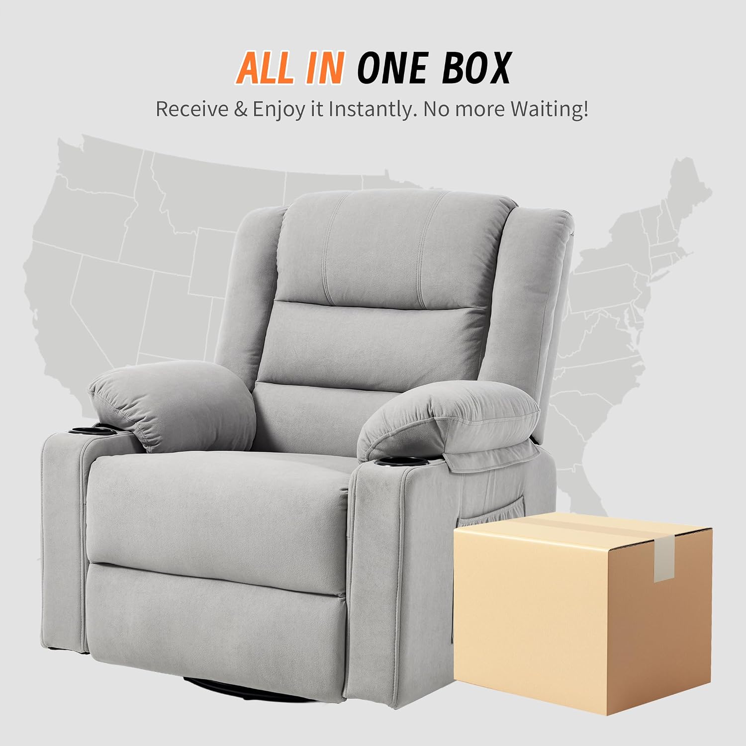 360°Swivel Rocker Recliner Chair for Adults,Manual Glider Recliner Sofa with Massage and Heating, Nursery Rocking Chairs with Cup Holds for Living Room Bedroom (Light Gray)