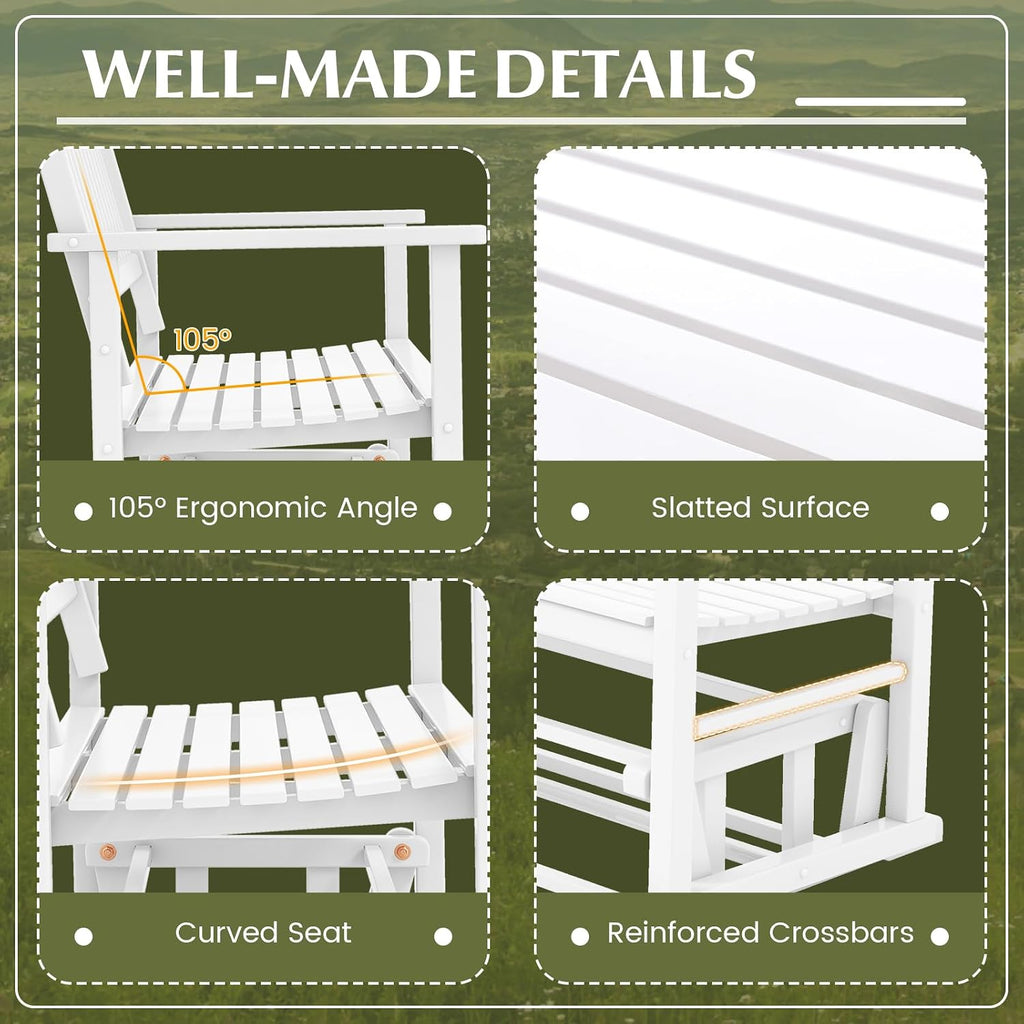 Tangkula 2 Person Outdoor Glider Bench, Poplar Wood Patio Swing Glider Loveseat with Armrests, Slatted Seat & Backrest, Porch Rocking Glider Bench for Backyard, Garden, Deck (White)