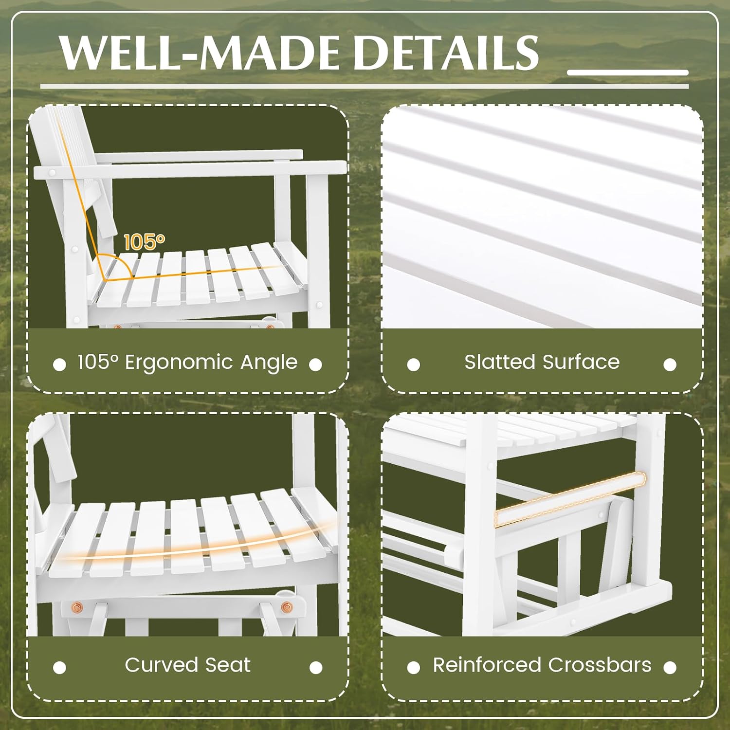 Tangkula 2 Person Outdoor Glider Bench, Poplar Wood Patio Swing Glider Loveseat with Armrests, Slatted Seat & Backrest, Porch Rocking Glider Bench for Backyard, Garden, Deck (White)