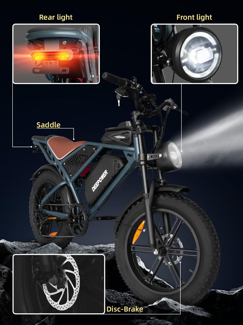 Rideon Electric Bike for Adults，Peak 1500W Motor，Up to 32MPH,48V 20AH/35AH/60AH Battery,20' Fat Tire Electric Dirt Bike Commuting Off Road Ebike, 7-Speed E-Bike