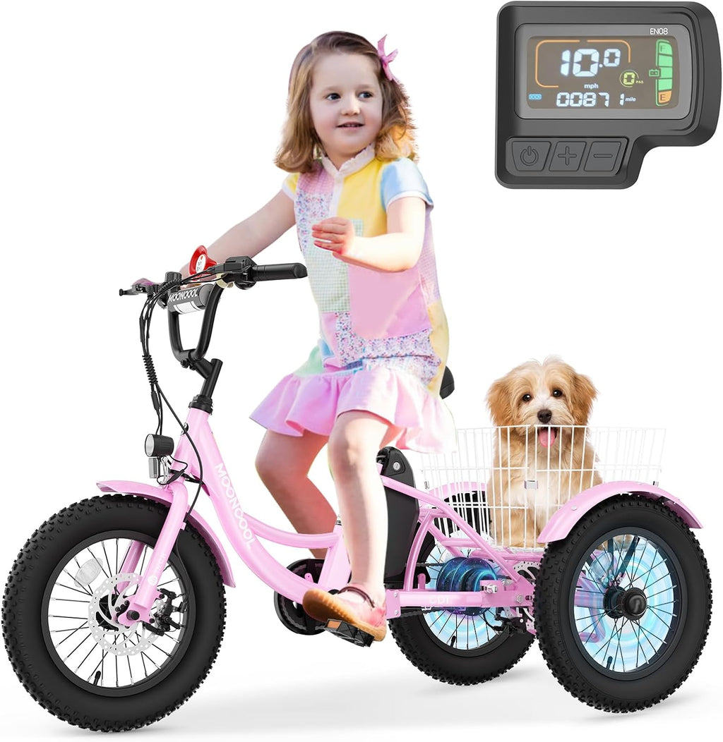 LILYPELLE Electric Tricycle for Youth, 250W Aluminum Frame Electric Tricycle Etrike, 16IN 3 Wheels Electric Bicycle Bikes, 3.0 Fat Tire Electric Trike with Removable Battery and Rear Basket