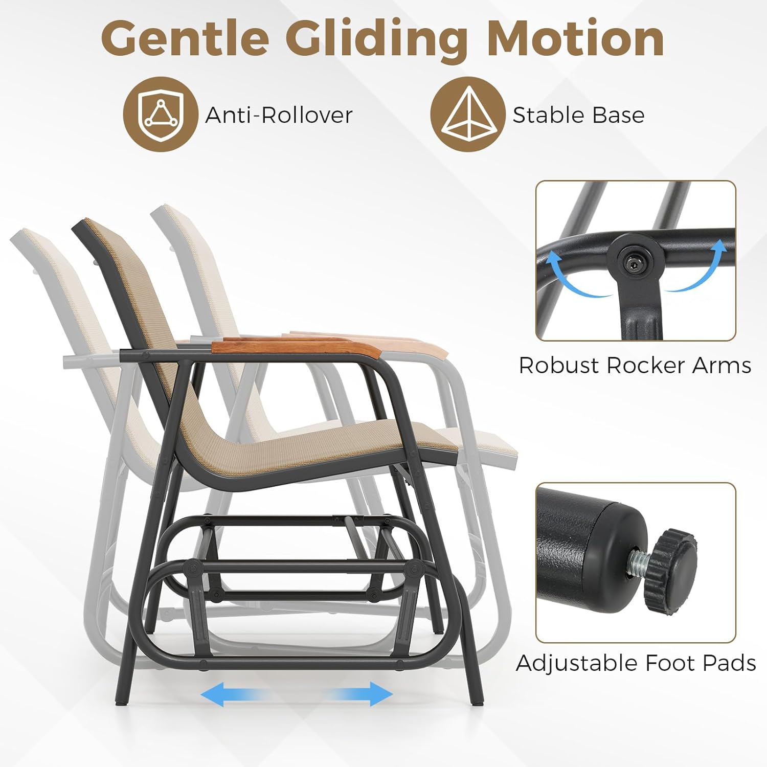 Tangkula 3-Person Outdoor Glider Bench, Patio Gliding Loveseat with Breathable Fabric Seat, Curved Teak Wood Armrests and Metal Frame, Swing Rocking Chair for Backyard, Garden, Porch, Balcony (3 Seat)