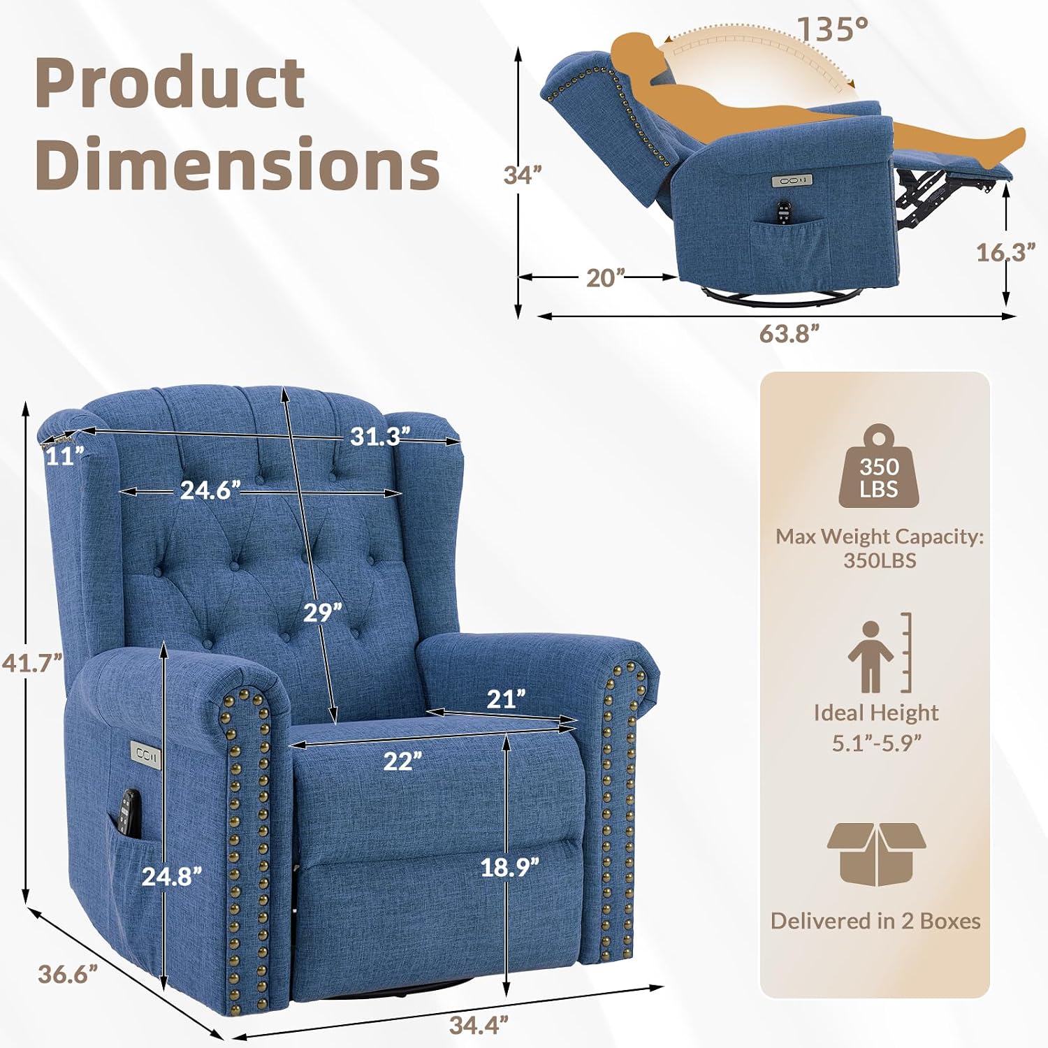 Power Swivel Rocking Glider Recliner Chair with Massage and Heat, Electric Nursery Glider Rocker for Living Room, Wingback Tufted Upholstered Recliner Chair with Type-C & USB Ports, Blue