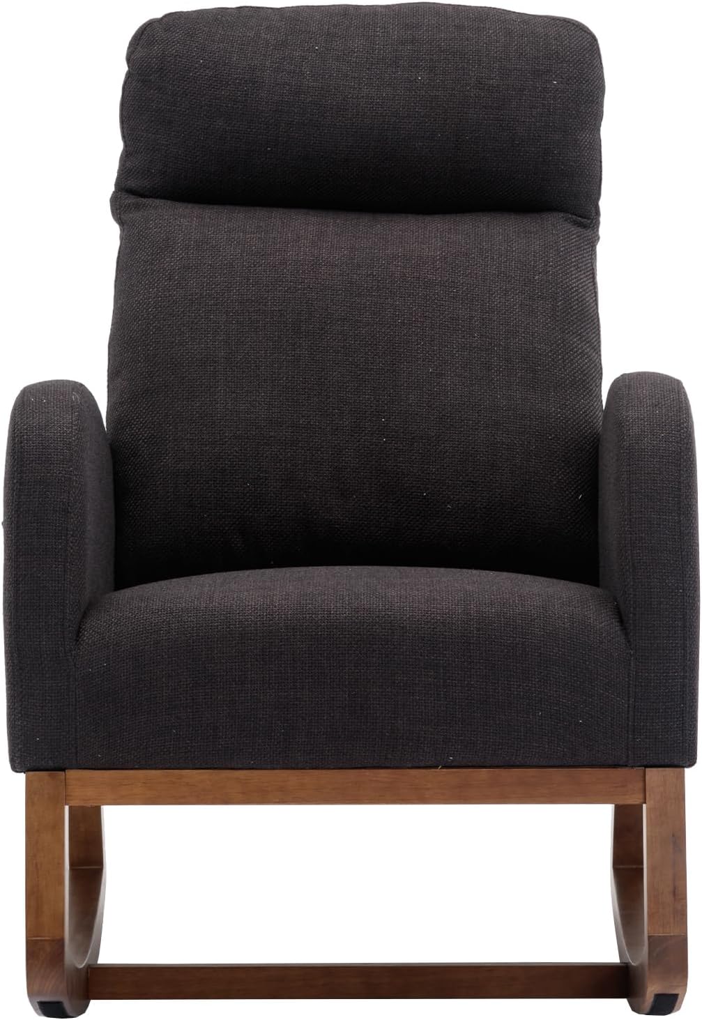 Modern Rocking Chair with Breathable Yellow Linen & Solid Wood Legs - Recliner Glider Armchair Featuring Side Pocket, High Back Support for Nursery, Living Room, Bedroom (Black)