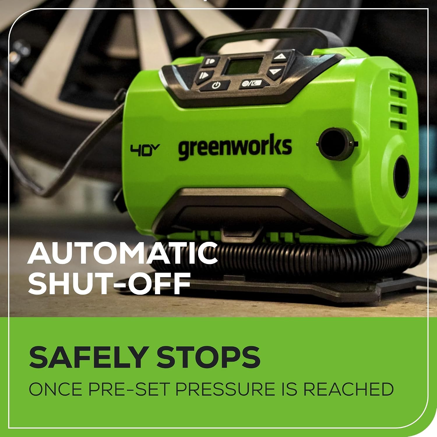 Greenworks 40V Cordless Tire Inflator, 160 PSI Portable Air Compressor, 2 Power Sources, Auto Shut Off, for Car, Bicycle, Motorcycle, Inflatables With 2.0 Ah USB (Power Bank) Battery & Charger
