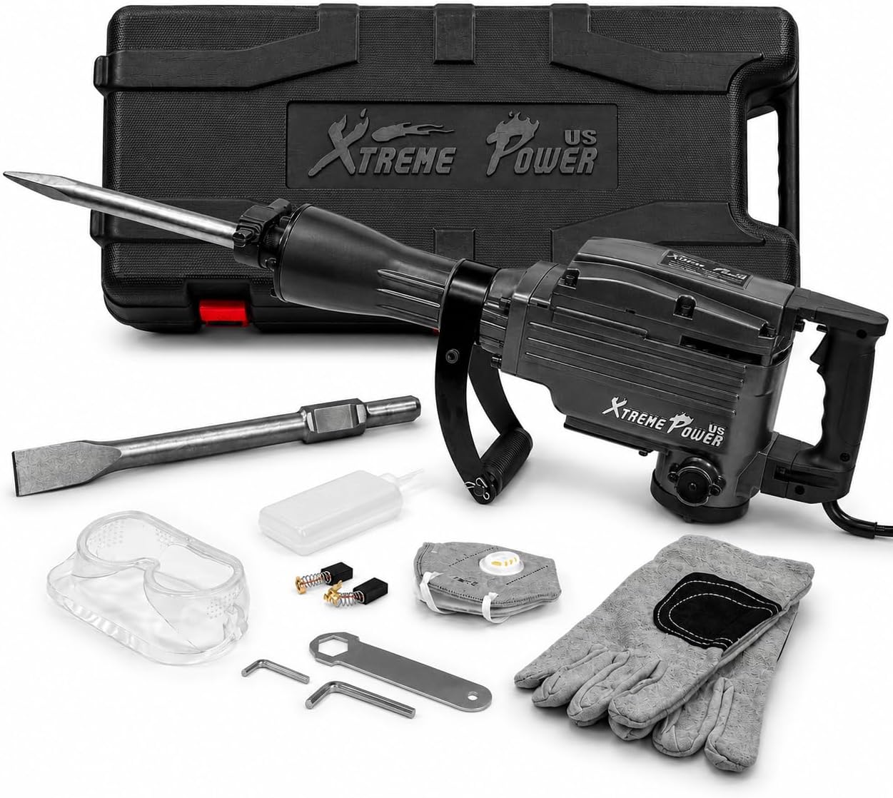 XtremepowerUS 2200W Demolition Electric Jack Hammer Floor Breaker Wood Metal Concrete Breaker High Impact include 2 Chisel Bits (Flat Chisel & Point Chisel) with Case