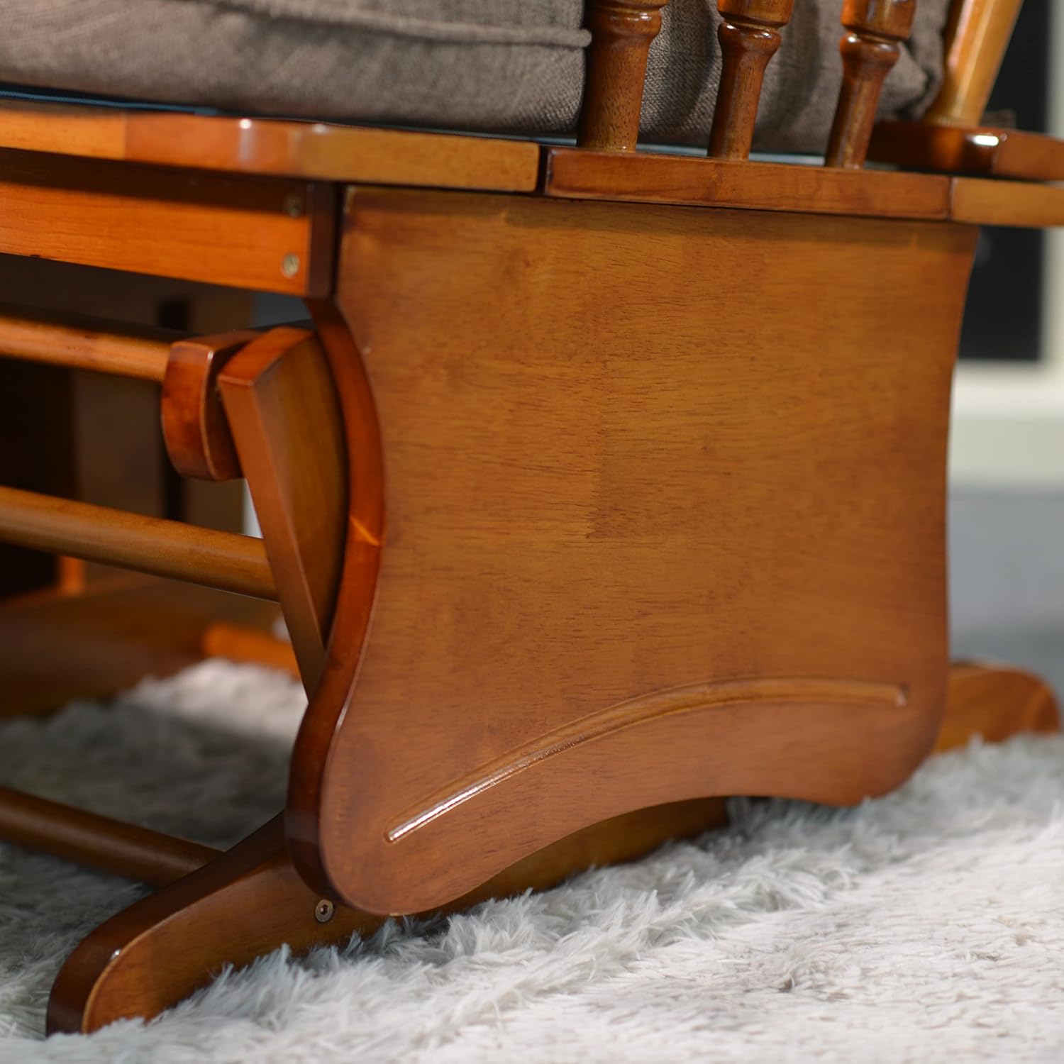 Anti-Pinch Nursery Glider Rocking Chair with Ottoman, Solid Rubber Wood Frame, Silent Smooth Gliding Design, Vintage Carved Armrest for Nursing, Living Room, Bedroom, Oak
