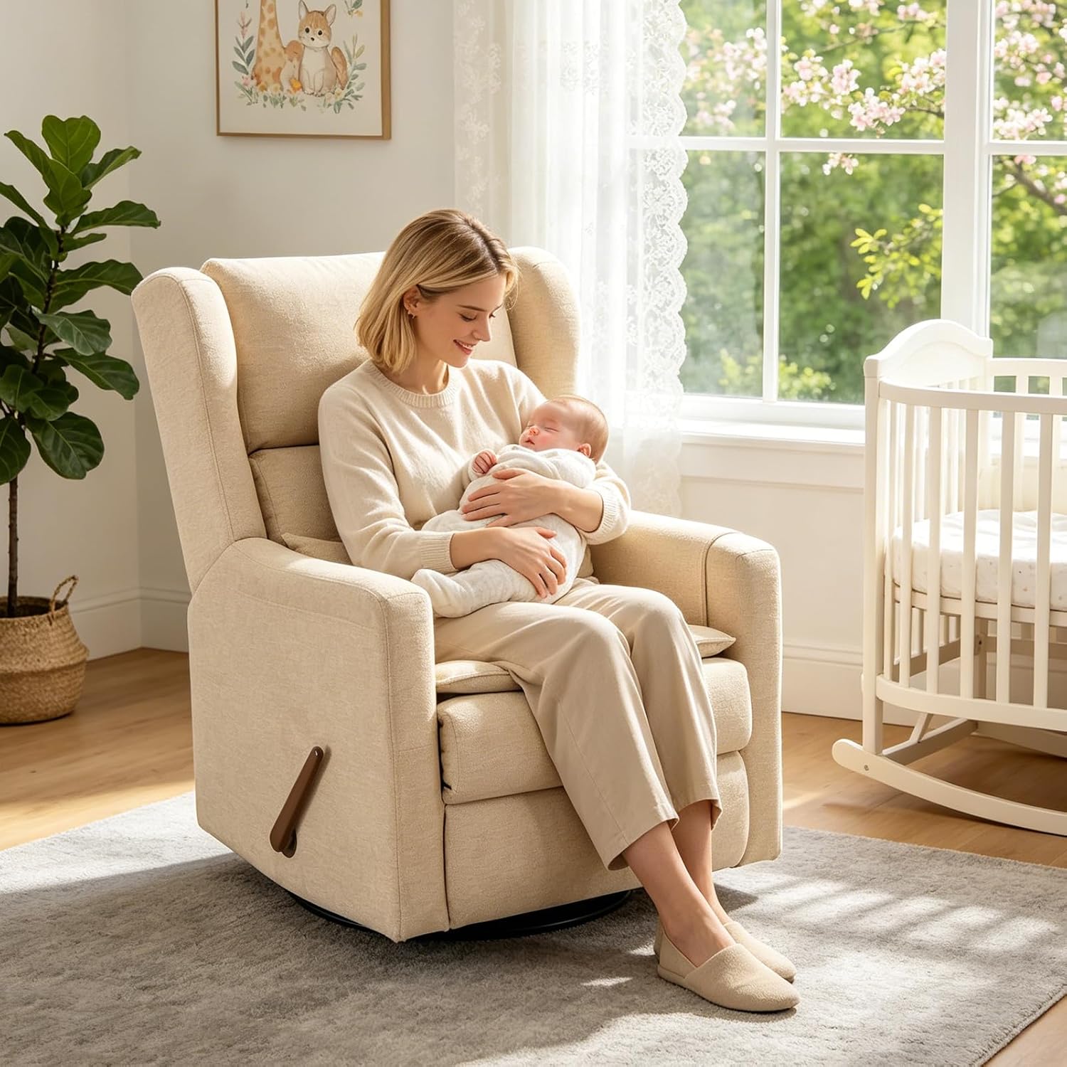 Rocking Chair Nursery with Adjustable Headrest,Comfy Swivel Rocker Recliner with Lumbar Support, Manual Nursery Chair Rocker Recliner with Cup Holder and Side Pockets, Beige