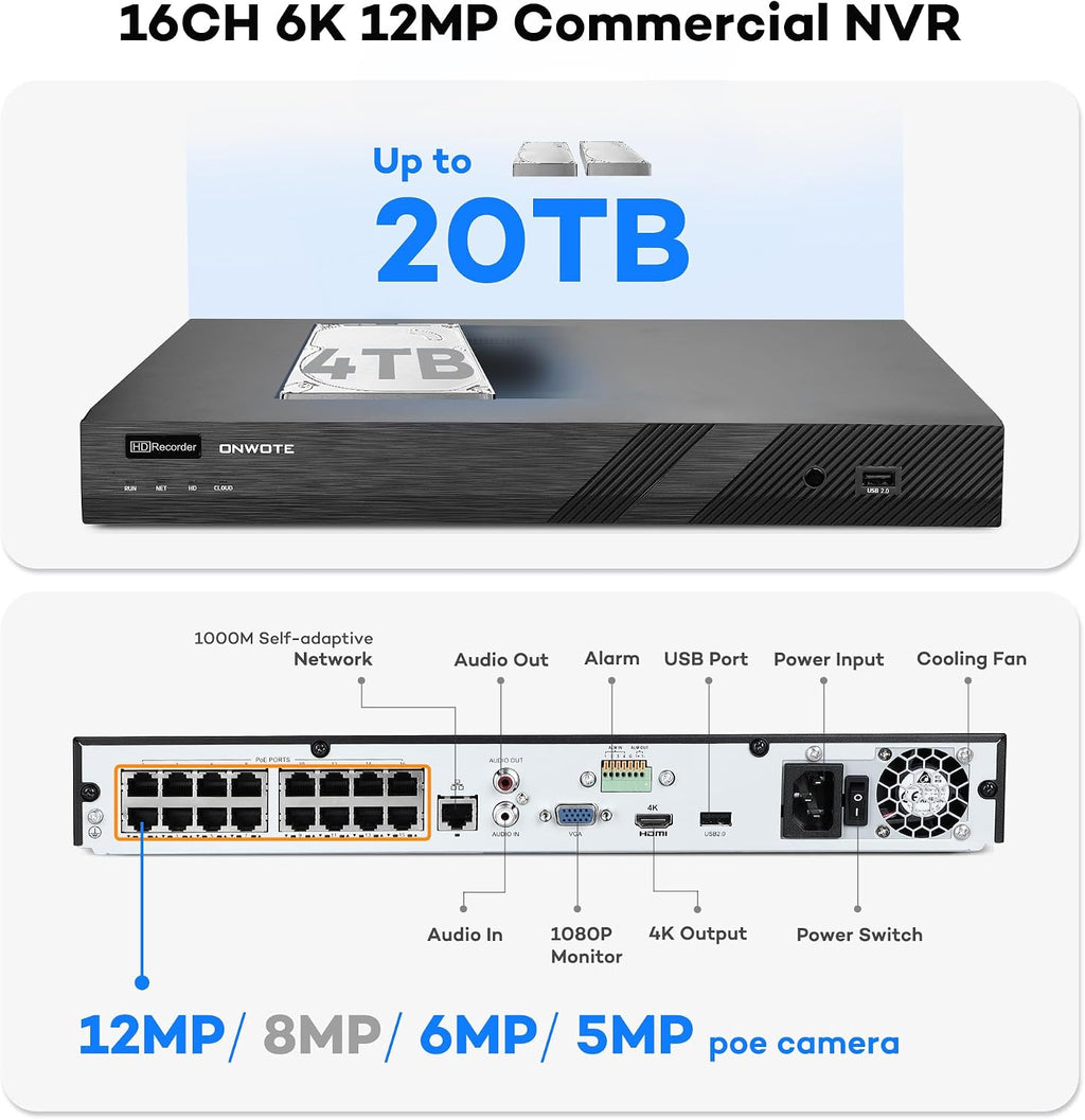 ONWOTE Face Recognition & AcuSearch, 2 Way Audio, 12MP NVR 16 Channel Security Camera System, 16x 4K 8MP Vandal Proof PoE IP Cameras, Total 1280ft Cables, 16CH Commercial NVR 4TB, CCTV for Business